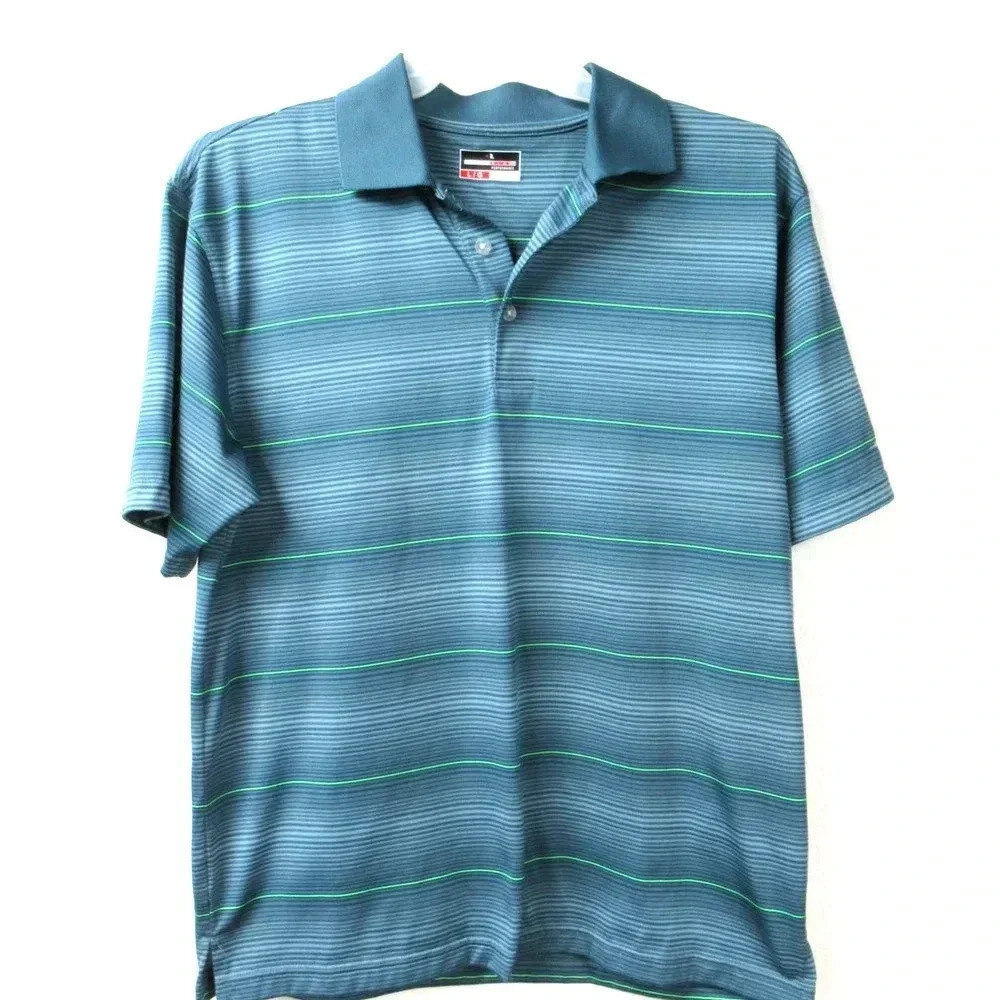 Grand Slam Performance Golf Polo Short Sleeve Blue w/Lime Green Stripe Sz Large